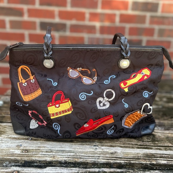 Brighton Handbags - BRIGHTON Black Embroidered Shoulder Tote Handbag Purse Two Handle Zip Closure C4